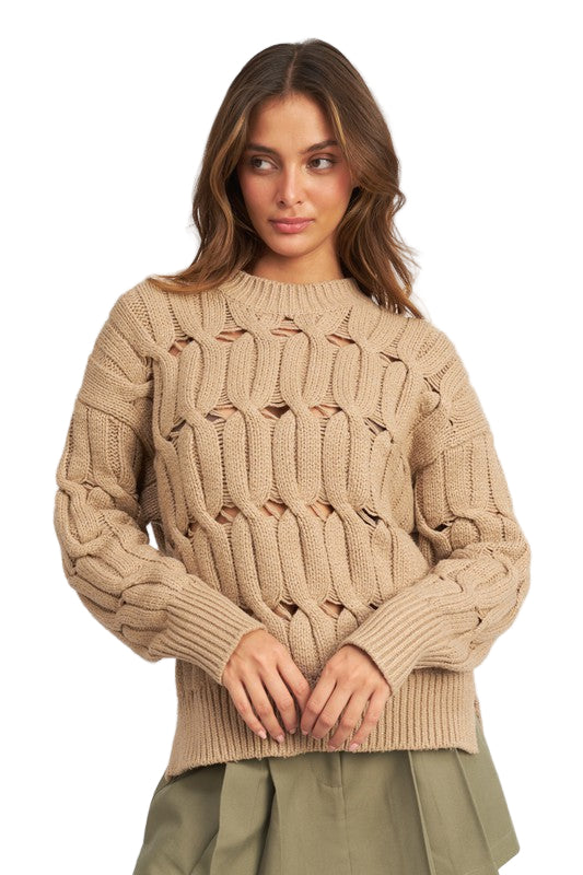 EMORY PARK OPEN KNIT SWEATER WITH SLITS - Taupe - Front View
