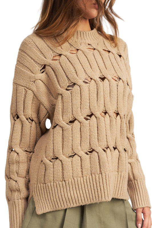 EMORY PARK OPEN KNIT SWEATER WITH SLITS - Taupe - Side View