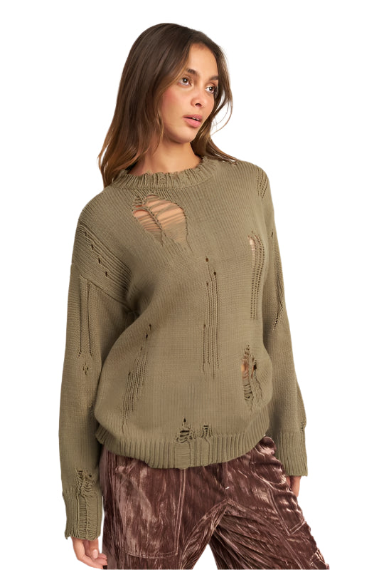 Emory Park DISTRESSED OVERSIZED SWEATER - Olive - Side View