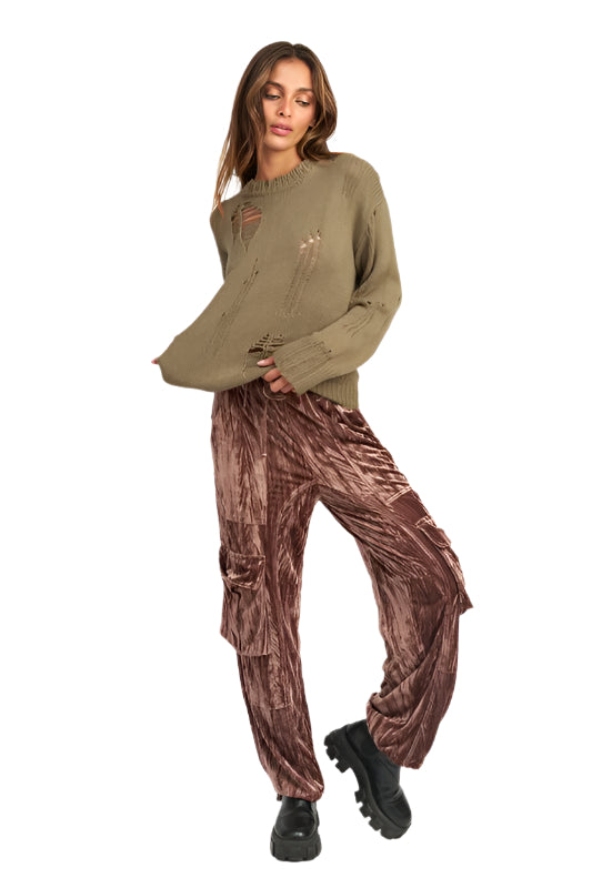 Emory Park DISTRESSED OVERSIZED SWEATER - Olive - Front Full View