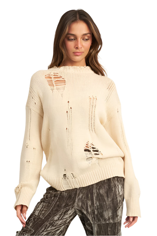 Emory Park DISTRESSED OVERSIZED SWEATER - Vanilla - Front View