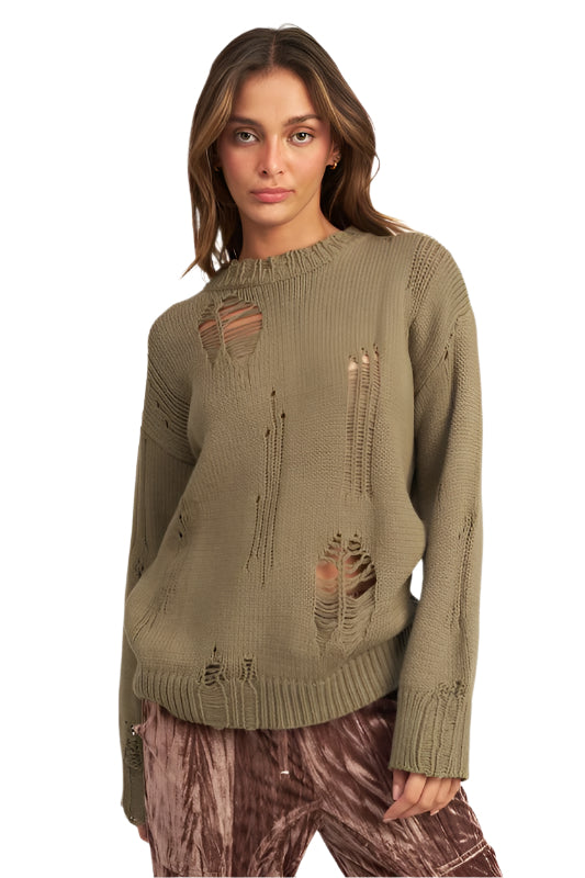 Emory Park DISTRESSED OVERSIZED SWEATER - Olive - Front View