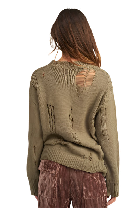 Emory Park DISTRESSED OVERSIZED SWEATER - Olive - Back View