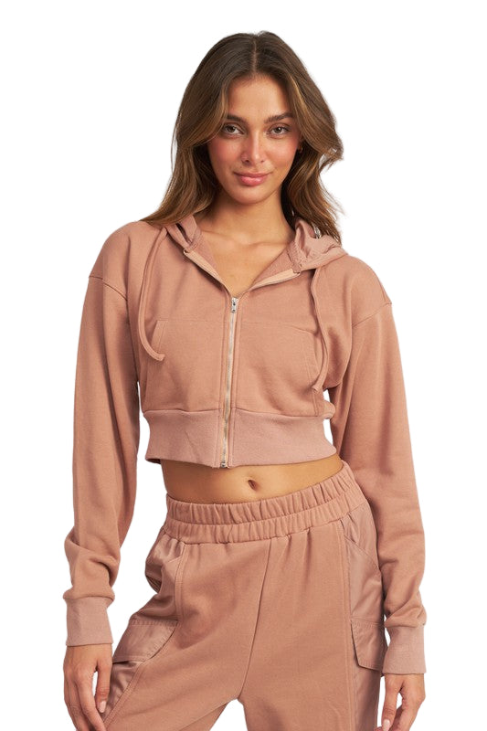 EMORY PARK CONTRASTED ZIP UP HOODIE - Dusty Mauve - Front View