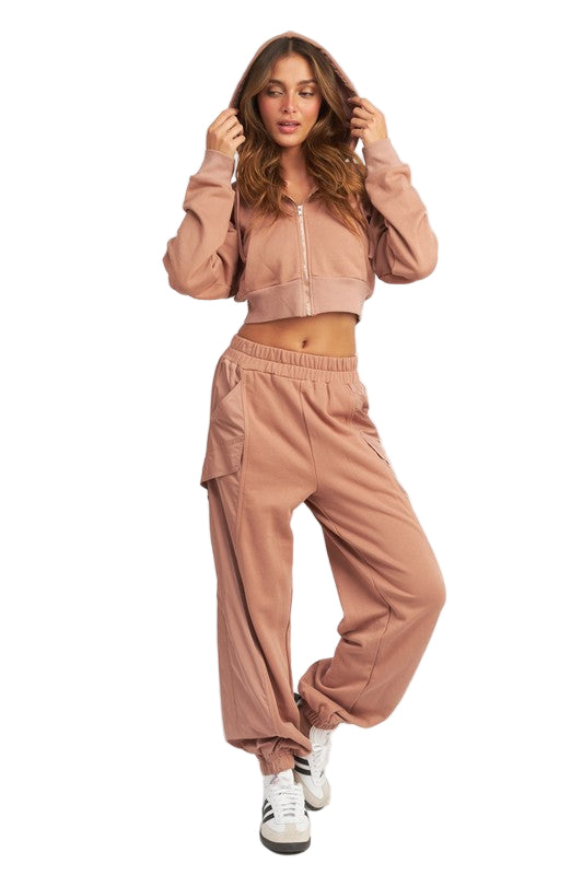 EMORY PARK CONTRASTED ZIP UP HOODIE - Dusty Mauve - Front Full View