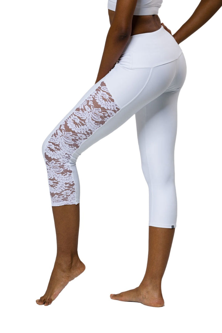 Onzie Hot Yoga High Rise Stunner Capri 2011 - White Lace - Rear View