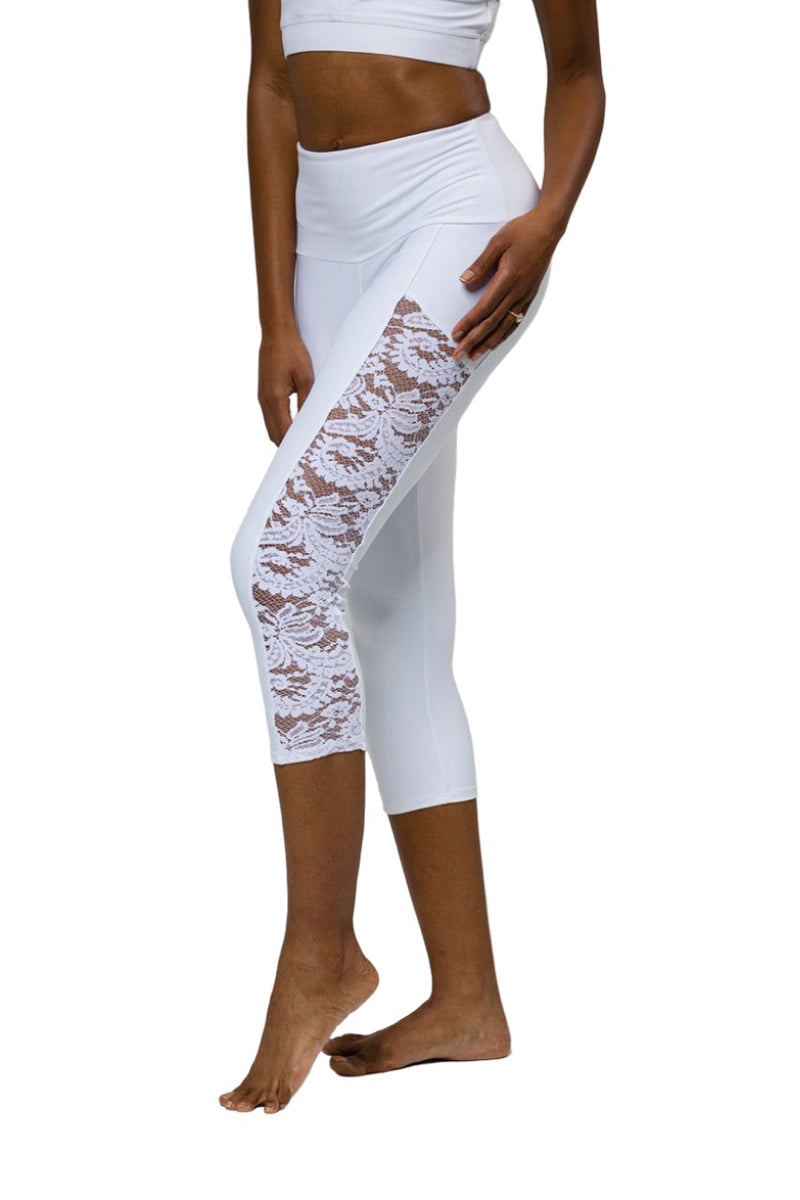 Onzie Hot Yoga High Rise Stunner Capri 2011 - White Lace - Side View