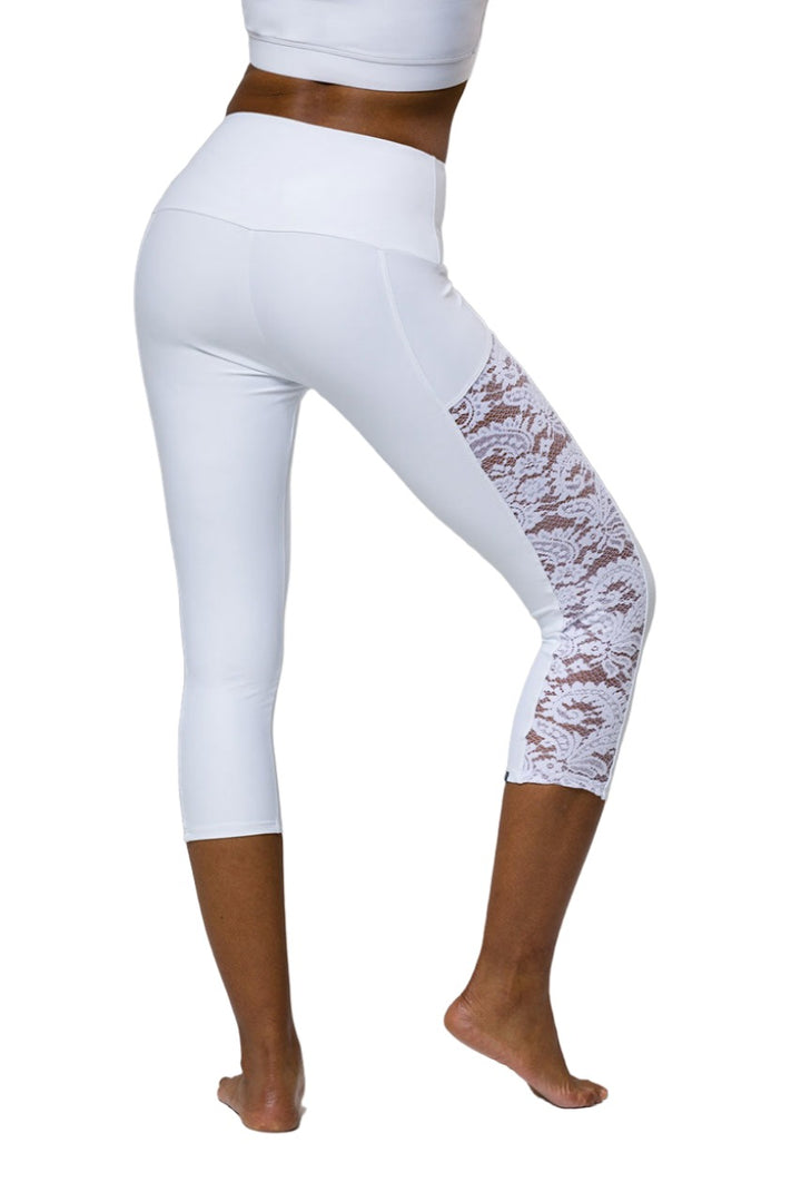 Onzie Hot Yoga High Rise Stunner Capri 2011 - White Lace - Back View