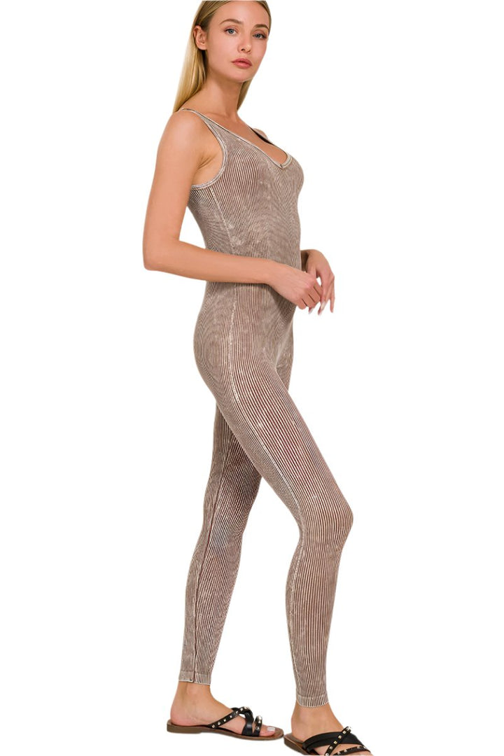 Zenana Stone Washed Ribbed Seamless Sport Jumpsuit NPW-6369 Mocha