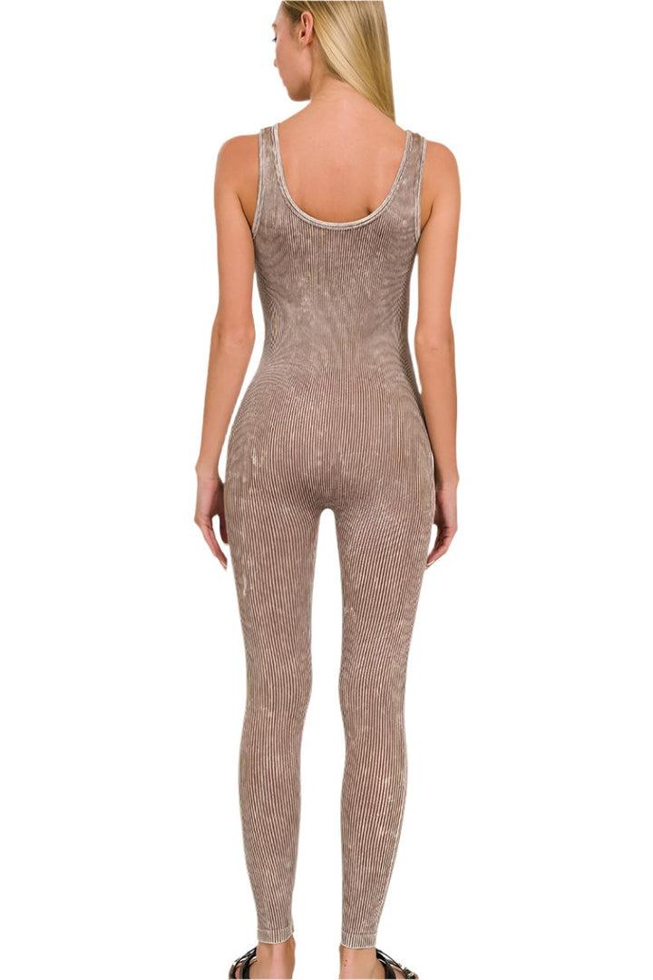 Zenana Stone Washed Ribbed Seamless Sport Jumpsuit NPW-6369 Mocha