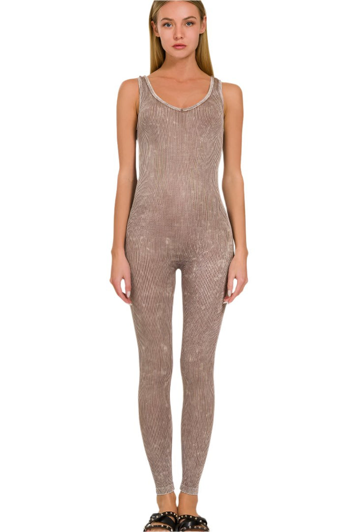 Zenana Stone Washed Ribbed Seamless Sport Jumpsuit NPW-6369 Mocha