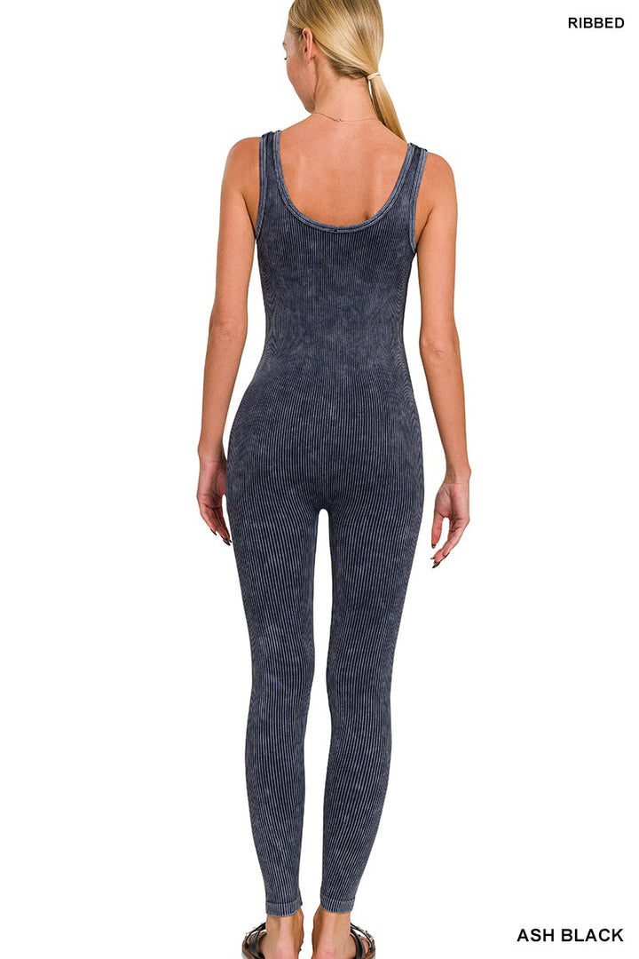 Zenana Stone Washed Ribbed Seamless Sport Jumpsuit NPW-6369 Ash Black