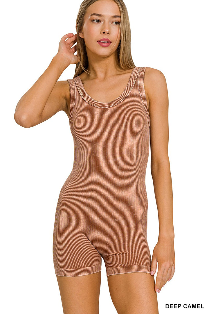 Zenana Stone Washed Ribbed Seamless Sport Romper NPW-6370 Deep Camel
