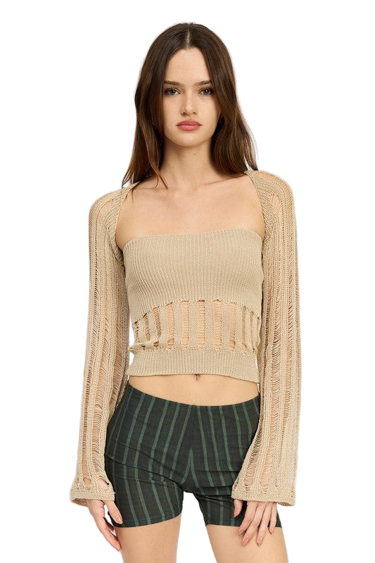 EMORY PARK DISTRESSED SWEATER TUBE TOP - Off White - Front View