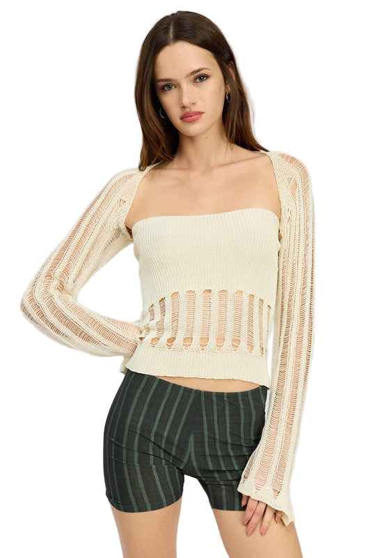EMORY PARK DISTRESSED SWEATER TUBE TOP - Off White - Front View