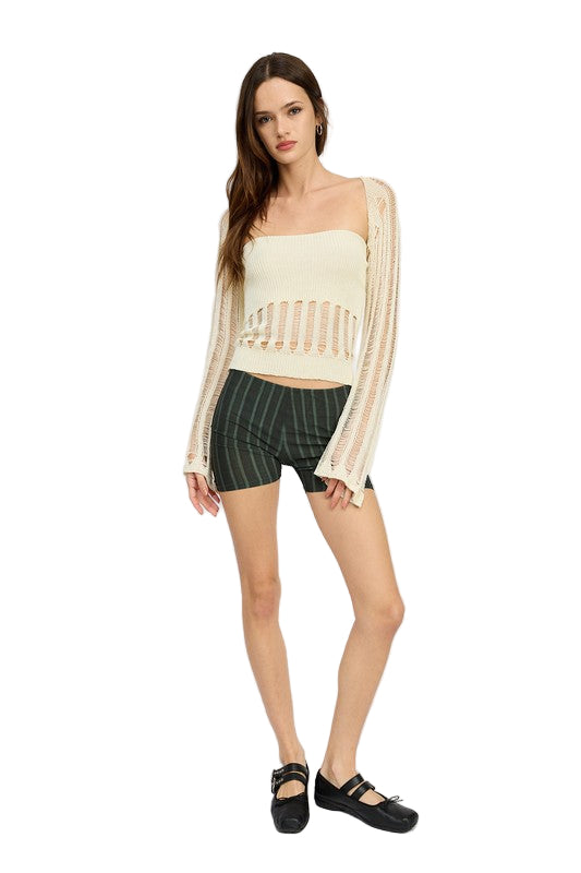 EMORY PARK DISTRESSED SWEATER TUBE TOP - Off White - Front Full View