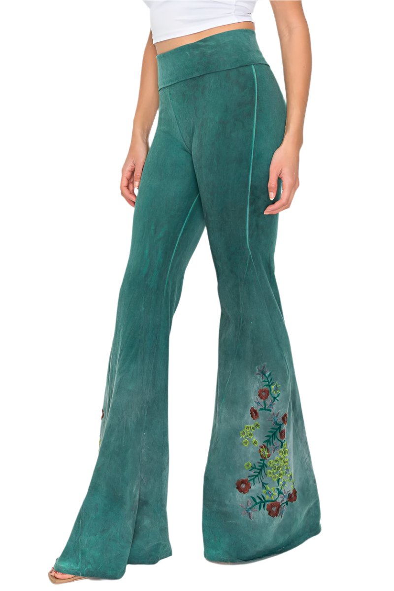 T-Party Floral Embroidery Oil Based Washed Yoga Pant - Hunter Green - Side View