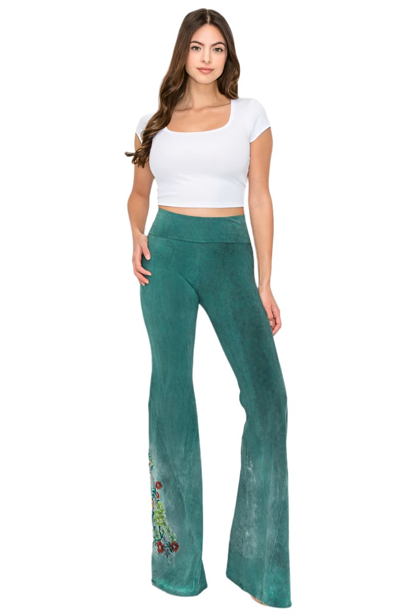 T-Party Floral Embroidery Oil Based Washed Yoga Pant - Hunter Green - Front Full View