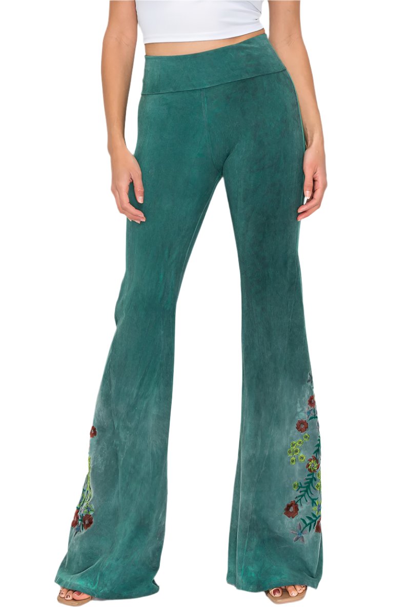 T-Party Floral Embroidery Oil Based Washed Yoga Pant - Hunter Green - Front View