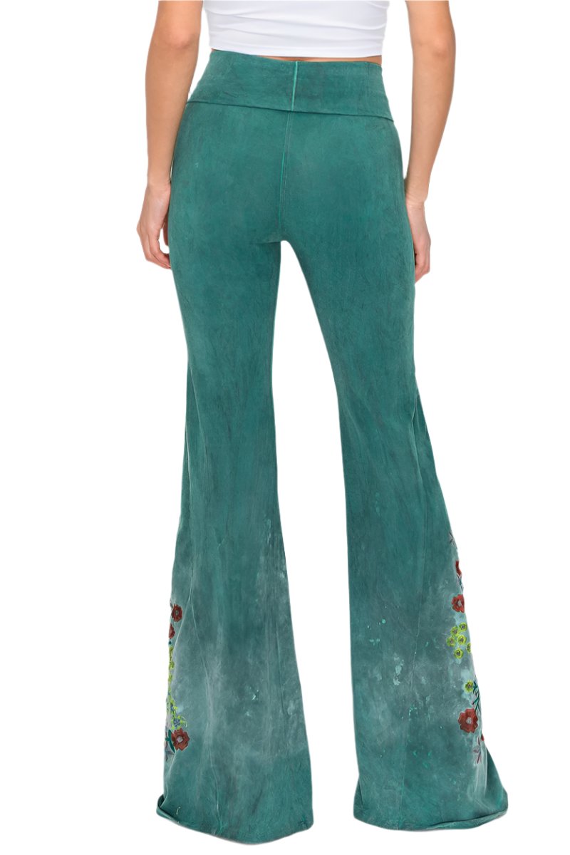 T-Party Floral Embroidery Oil Based Washed Yoga Pant - Hunter Green - Back View