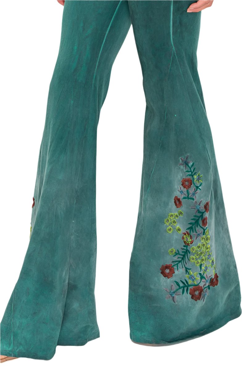 T-Party Floral Embroidery Oil Based Washed Yoga Pant - Hunter Green - Side Rear View