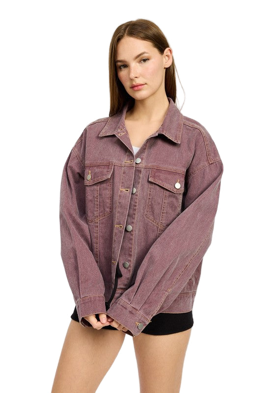 EMORY PARK OVERSIZED DENIM SHIRT JACKET - Berry - Front View