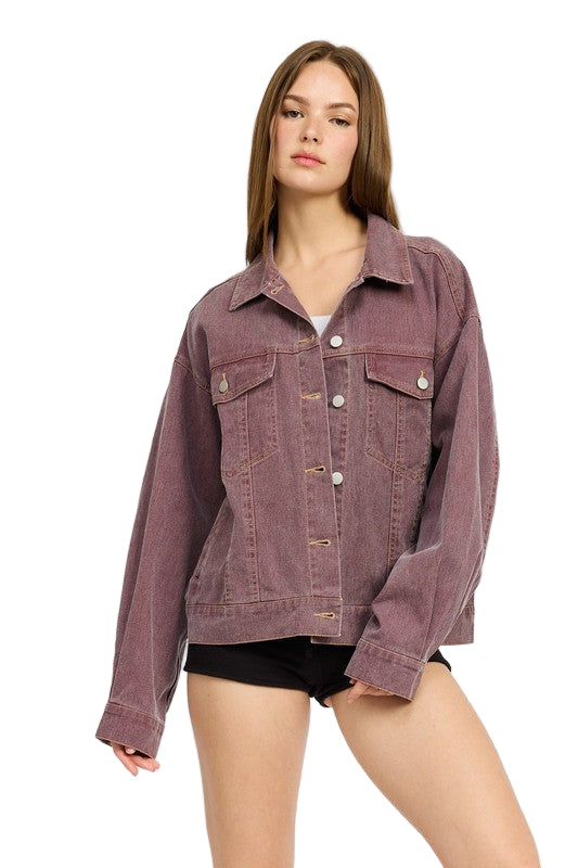 EMORY PARK OVERSIZED DENIM SHIRT JACKET - Berry - Front View