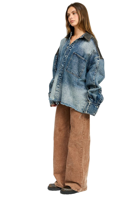 EMORY PARK OVERSIZED DENIM JACKET WITH BUTTONS - Dark - Denim - Side Full View