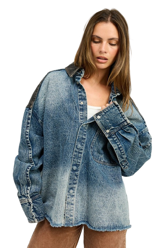 EMORY PARK OVERSIZED DENIM JACKET WITH BUTTONS - Dark - Denim - Front View