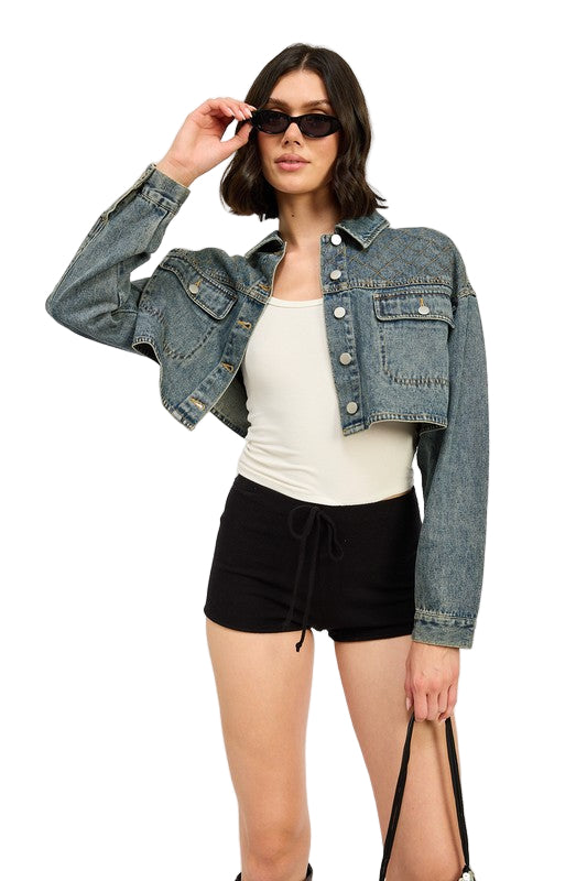 EMORY PARK EMBROIDERED DENIM CROP JACKET - Washed Denim - Front View