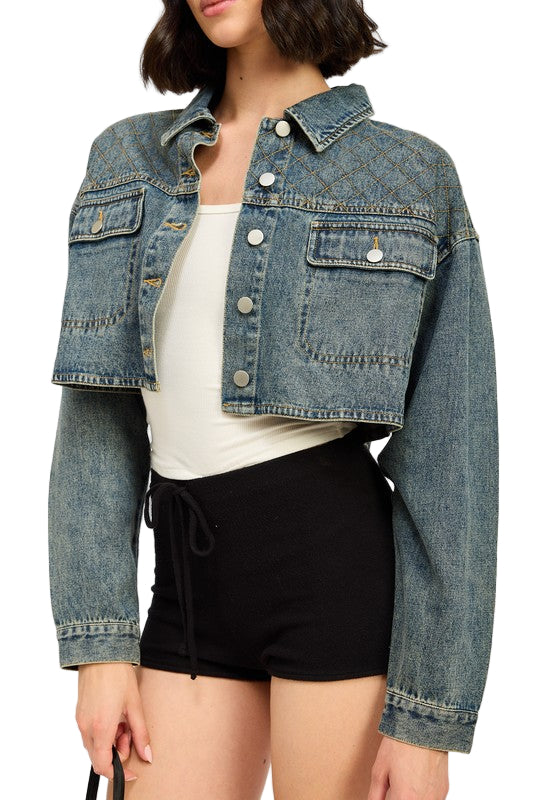 EMORY PARK EMBROIDERED DENIM CROP JACKET - Washed Denim - Side View