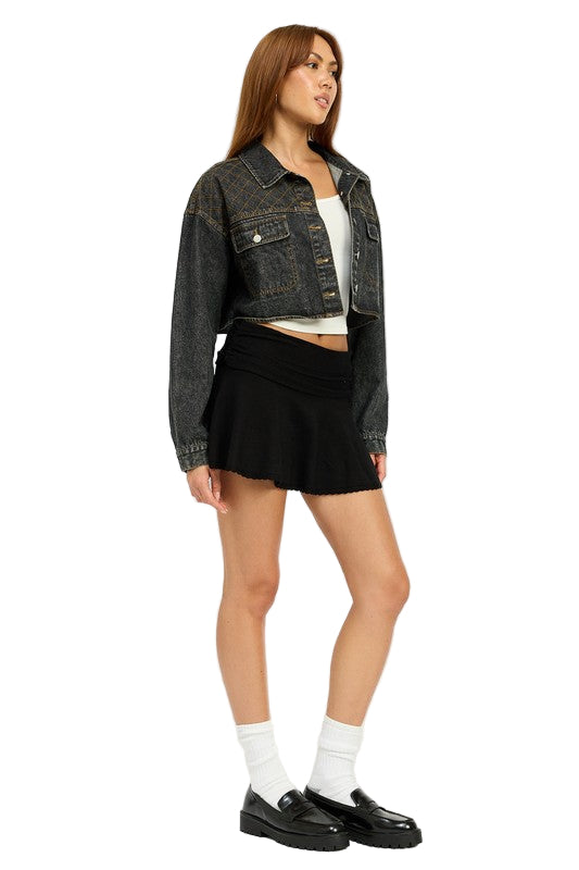 EMORY PARK EMBROIDERED DENIM CROP JACKET - Vintage Black - Side Full View