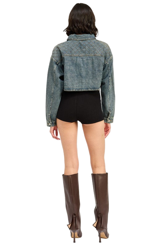 EMORY PARK EMBROIDERED DENIM CROP JACKET - Washed Denim - Back Full View