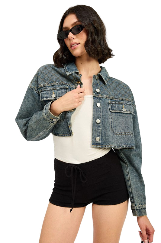 EMORY PARK EMBROIDERED DENIM CROP JACKET - Washed Denim - Front View