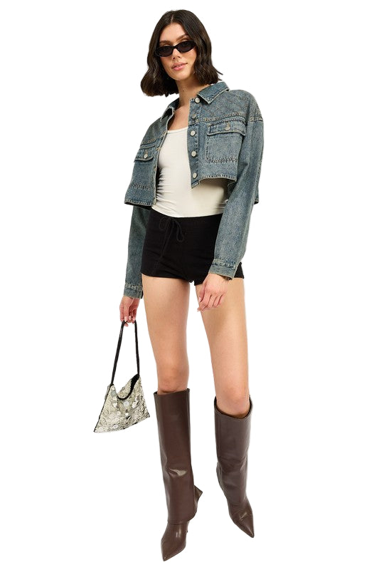 EMORY PARK EMBROIDERED DENIM CROP JACKET - Washed Denim - Front Full View