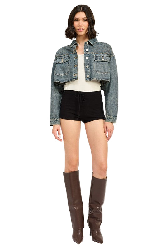 EMORY PARK EMBROIDERED DENIM CROP JACKET - Washed Denim - Front Full View