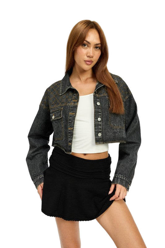 EMORY PARK EMBROIDERED DENIM CROP JACKET - Vintage Black - Front View
