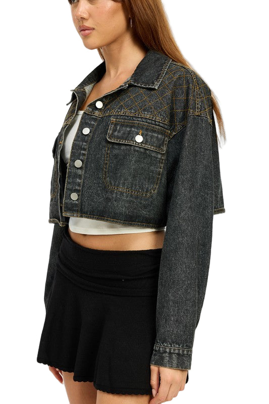 EMORY PARK EMBROIDERED DENIM CROP JACKET - Vintage Black - Side View
