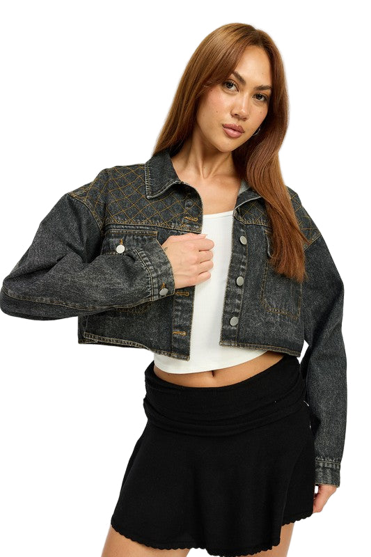EMORY PARK EMBROIDERED DENIM CROP JACKET - Vintage Black - Front View