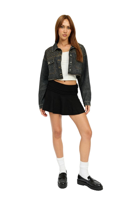 EMORY PARK EMBROIDERED DENIM CROP JACKET - Vintage Black - Front Full View