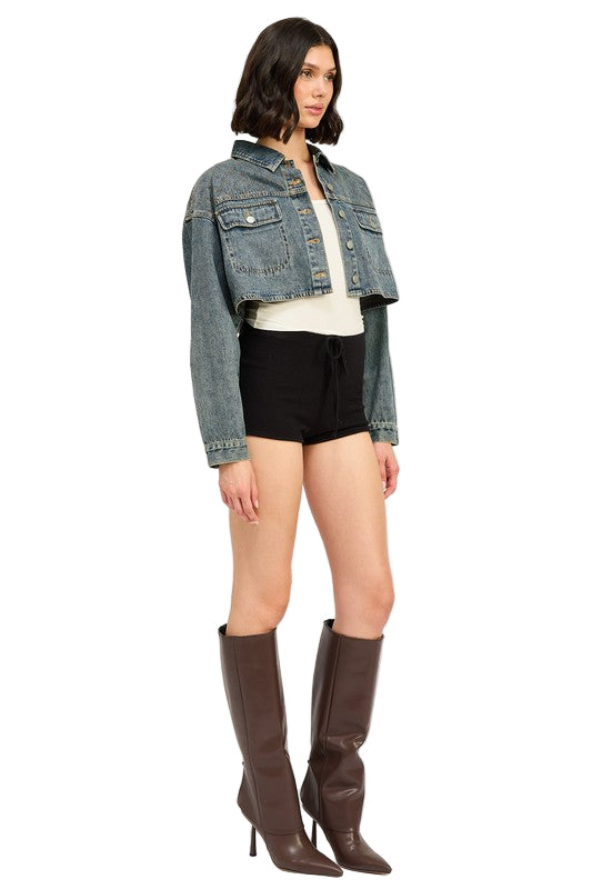EMORY PARK EMBROIDERED DENIM CROP JACKET - Washed Denim - Side Full View