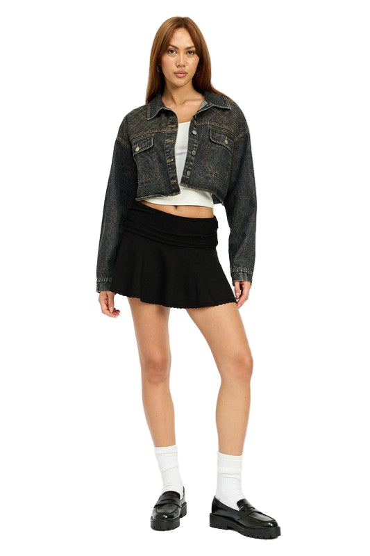 EMORY PARK EMBROIDERED DENIM CROP JACKET - Vintage Black - Front Full View