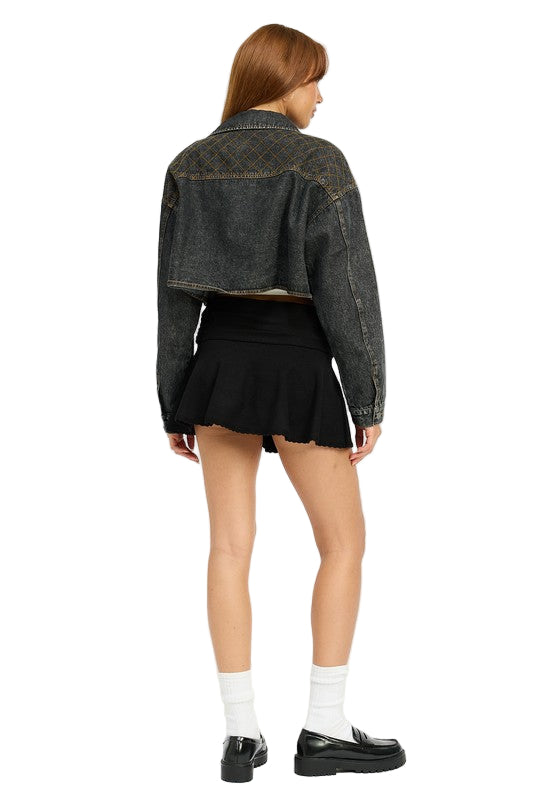 EMORY PARK EMBROIDERED DENIM CROP JACKET - Vintage Black - Back Full View