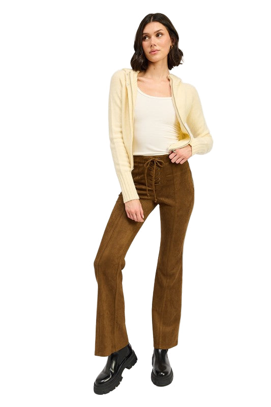 EMORY PARK LACE UP SUEDED FLARED PANTS - Brown - Front Full View