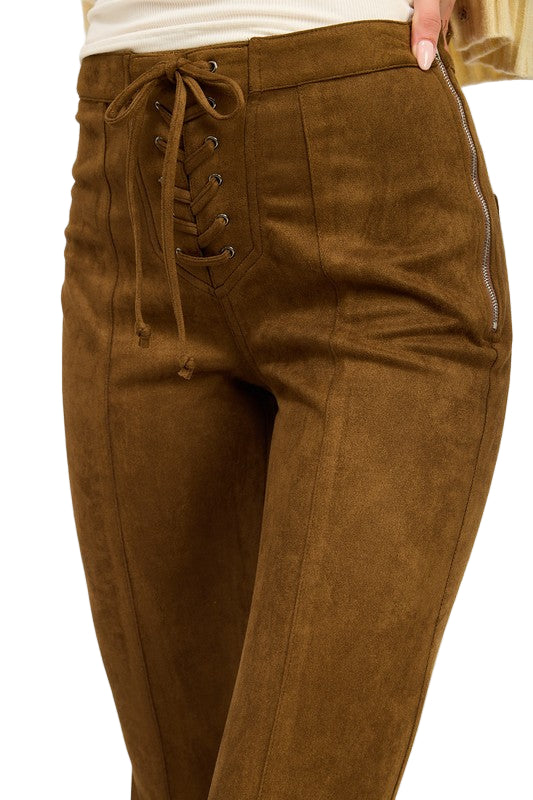 EMORY PARK LACE UP SUEDED FLARED PANTS - Brown - Side View