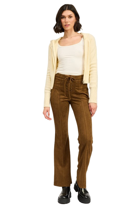 EMORY PARK LACE UP SUEDED FLARED PANTS - Brown - Front Full View