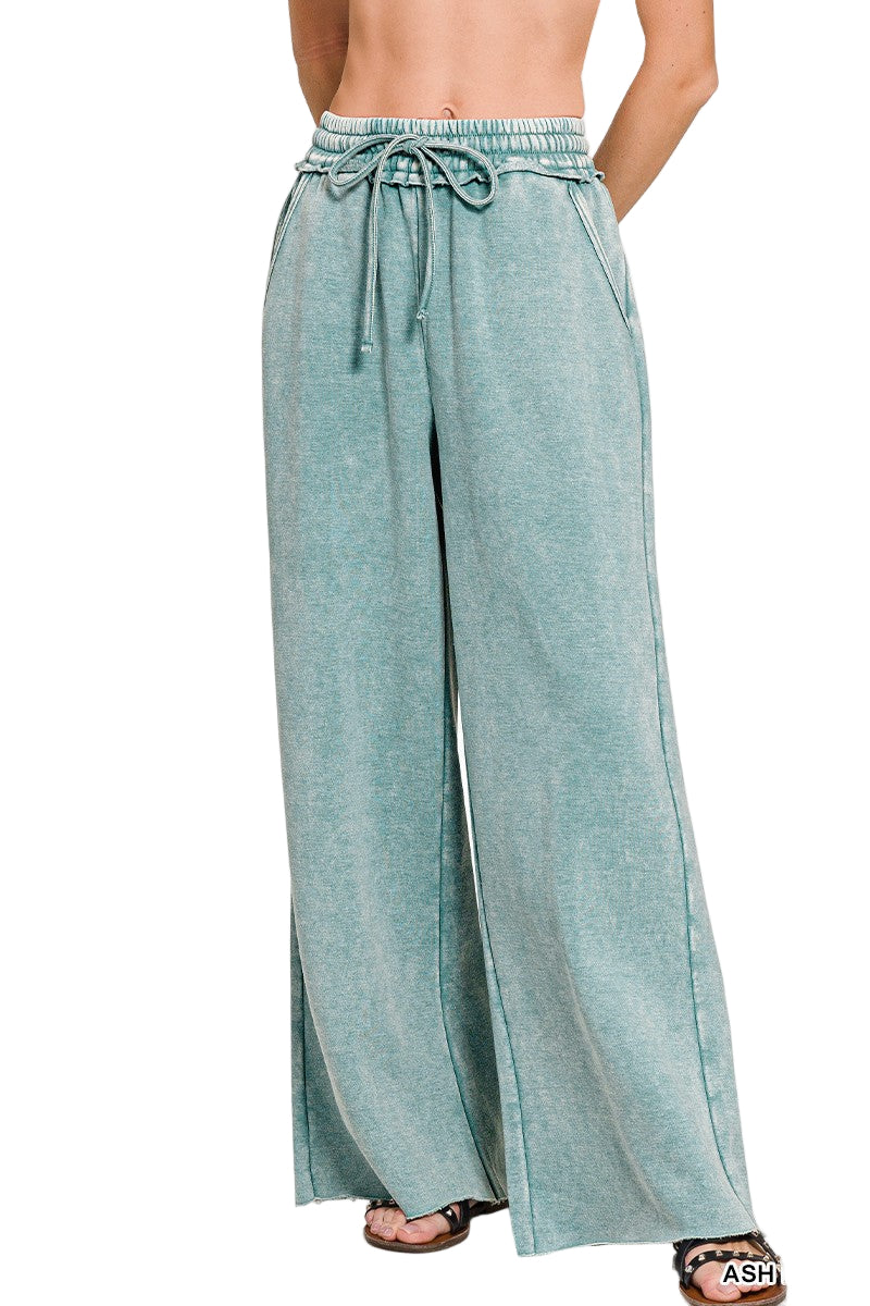Zenana Acid Washed Fleece Palazzo Sweat Pant - Blue Grey - Front View