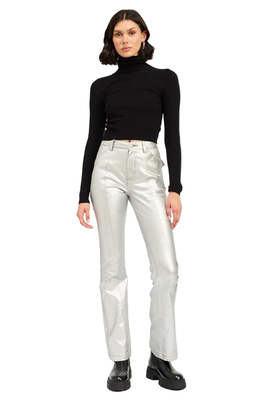 EMORY PARK METALLIC FLARED PANTS - Silver - Front Full View