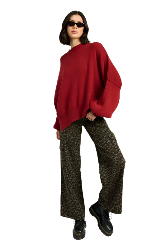 Emory Park MID RISE WIDE LEG CARGO PANTS - Grey Leopard - Front Full View