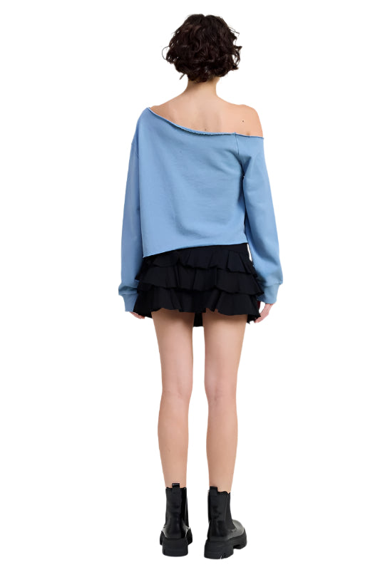 Emory Park ONE SHOULDER FRENCH TERRY SWEATSHIRT - Dusty Blue - Back Full View